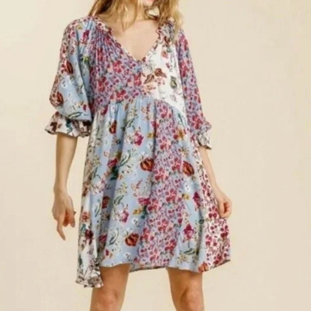 Umgee Floral Floral Pink White Red Floral Mini Dress